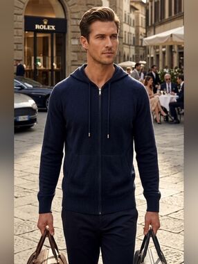 Autograph Men's Quiet Luxury Navy Cashmere Knit Zip Hooded Sweater Size Medium